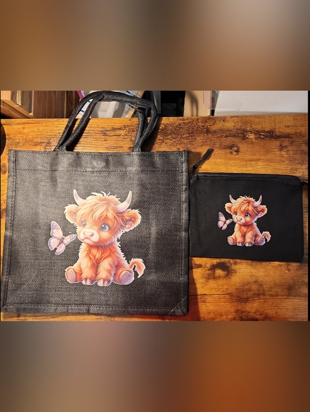 Highland Cow With Butterfly 4pc Bag Bundle Set Lunch, Tote, 2 Crossbody Sling